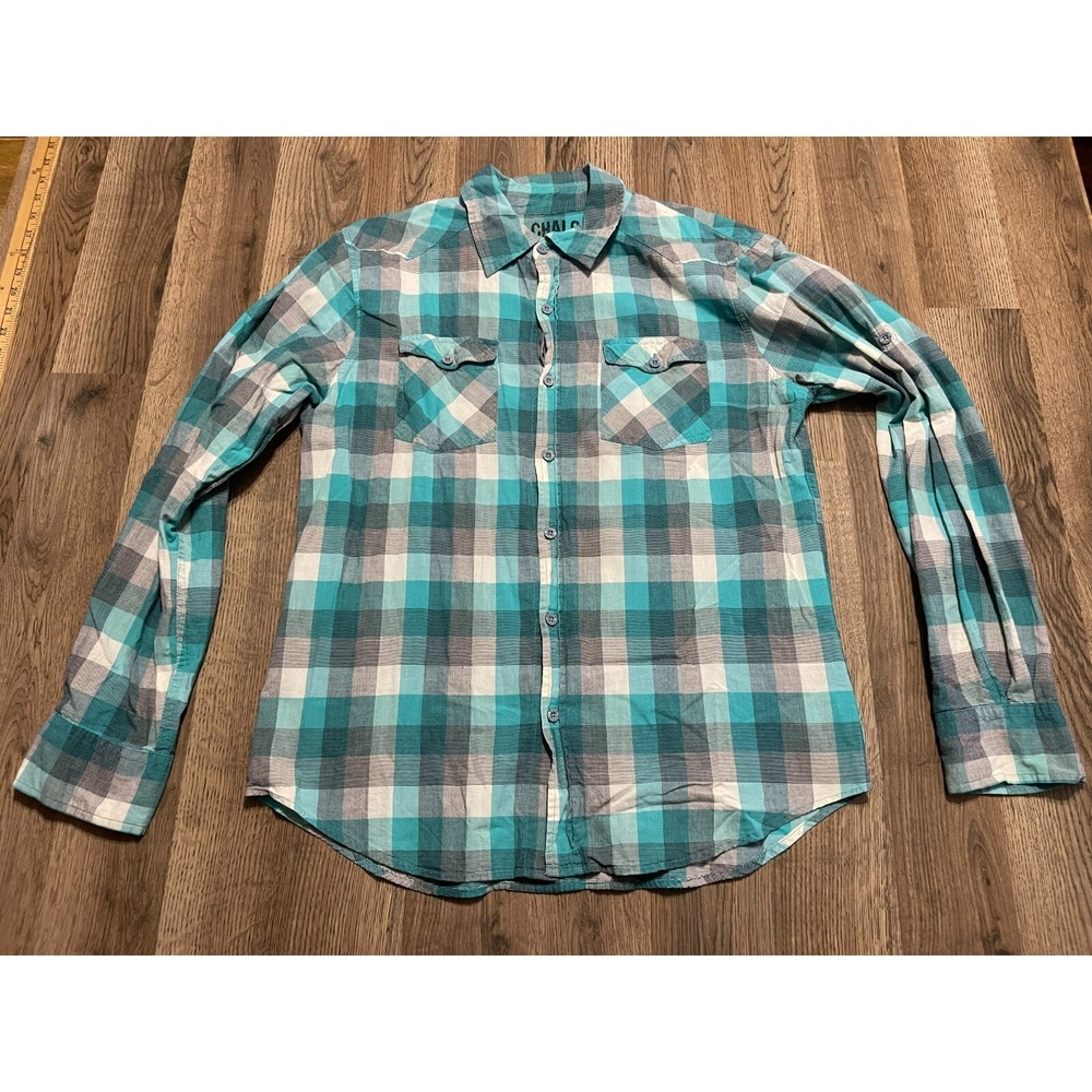 CHALC Shirt, Men's Size Medium, Blue White Black, Plaid, Button Up Long Sleeve
